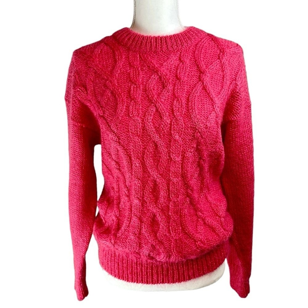 Vintage CRYSTAL Crew Neck Sweater M Pink Cable Knit Mohair Preppy Coquette 90s